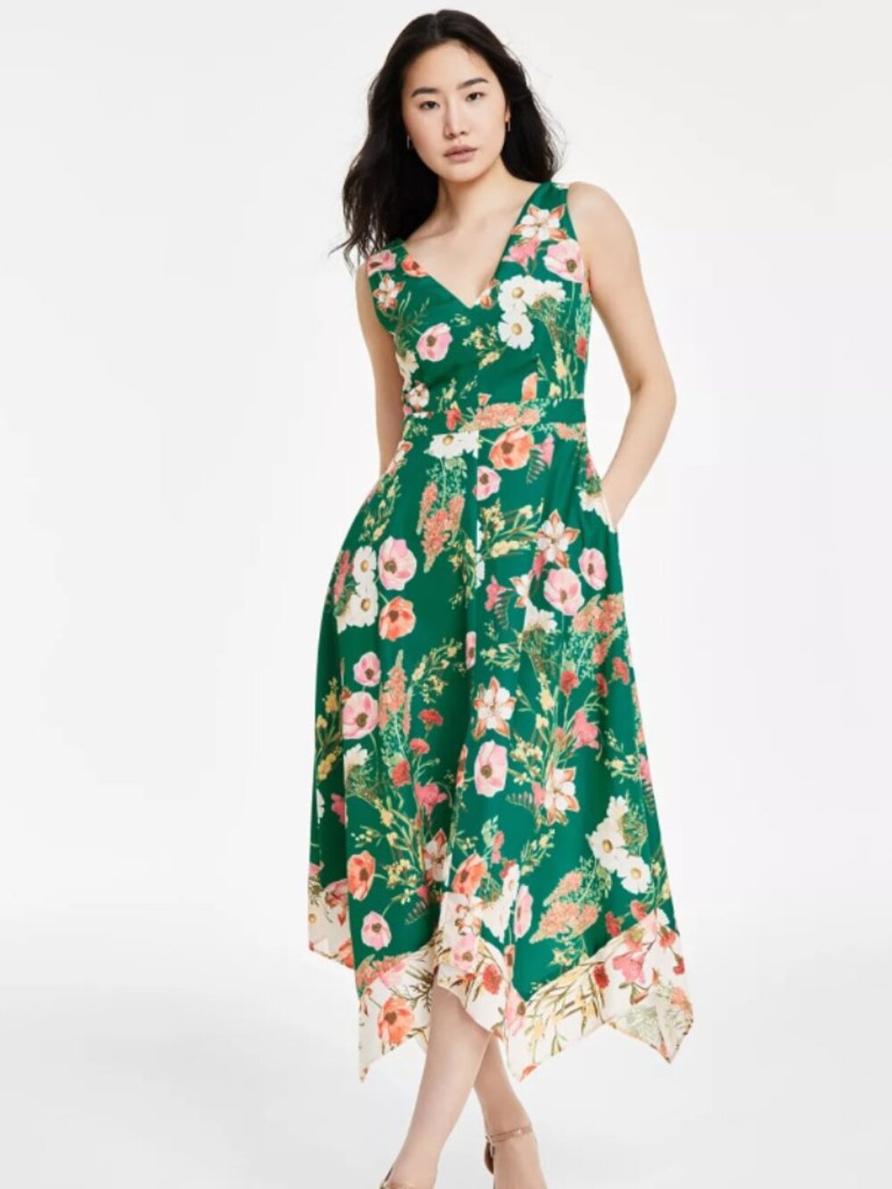 Vince Camuto Green Floral Printed V Neck Handkerchief Hem Midi Dress